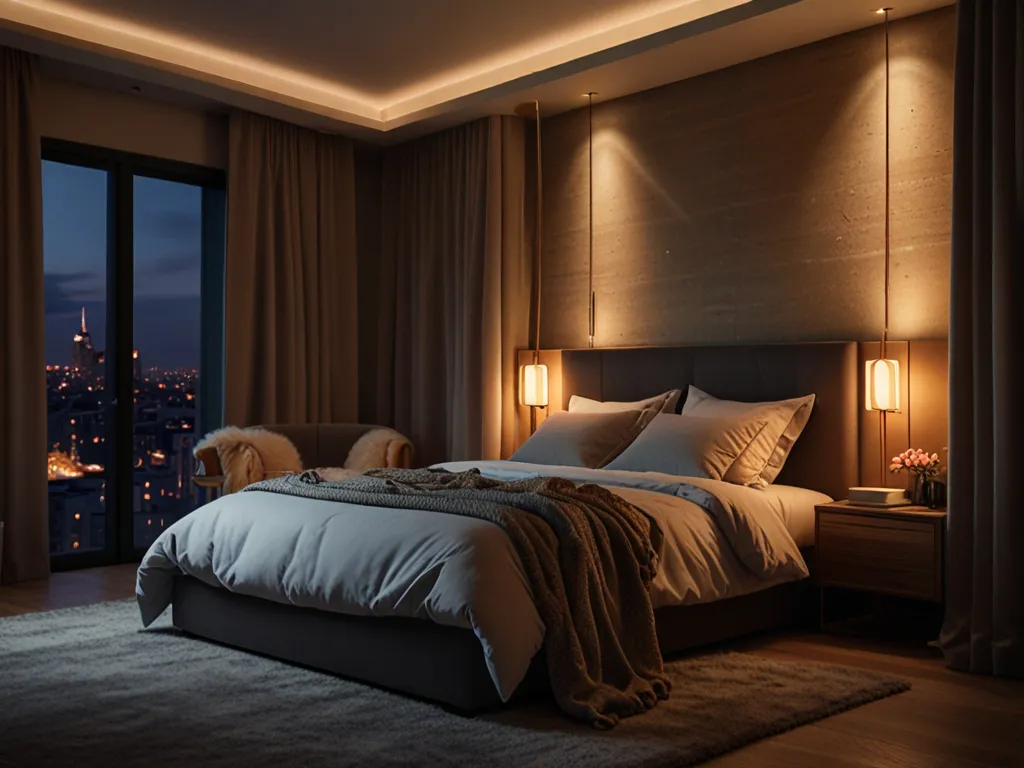 Cozy bedroom with warm lighting and textured fabrics