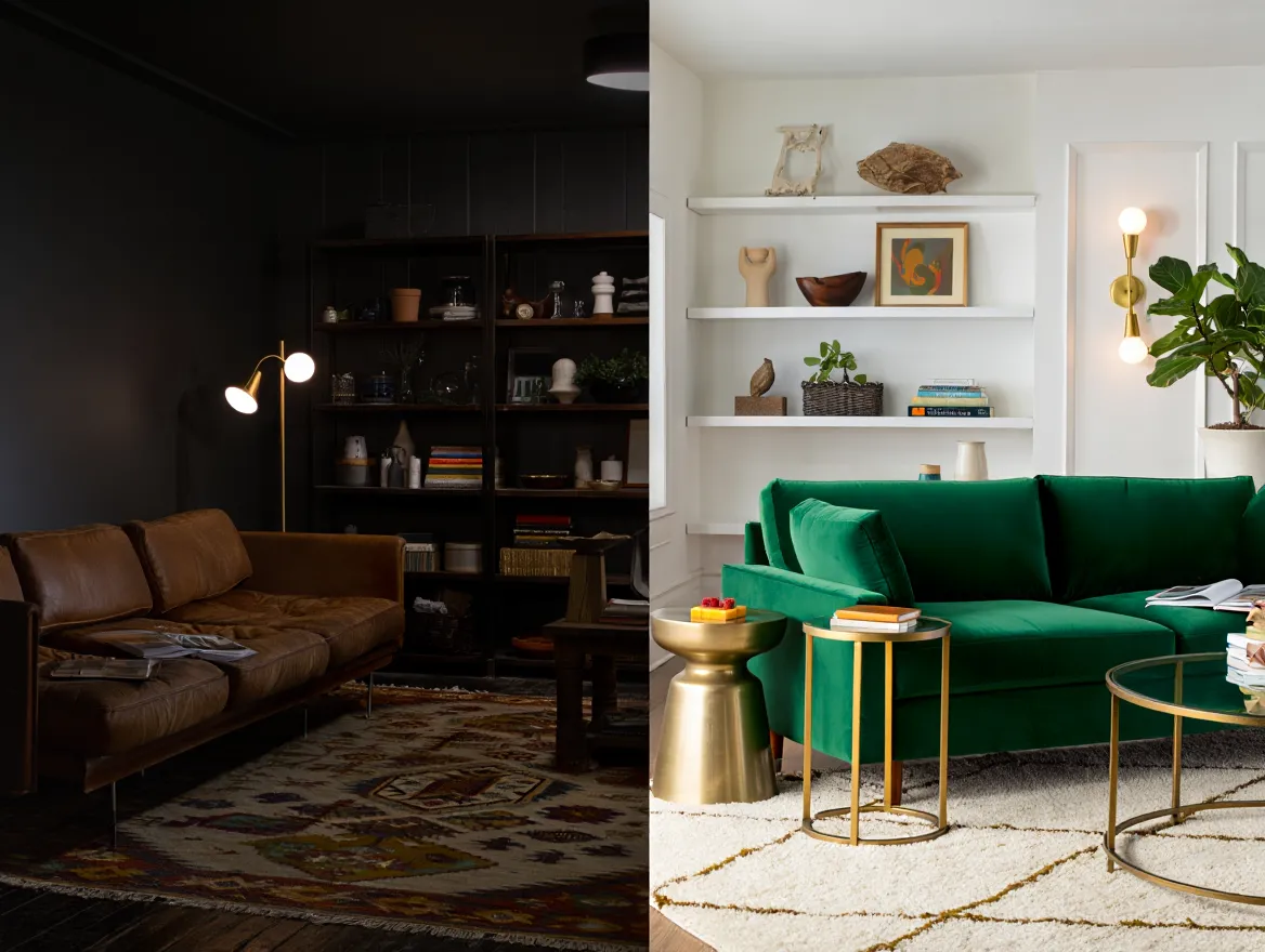Complete living room transformation with new color scheme and furniture arrangement